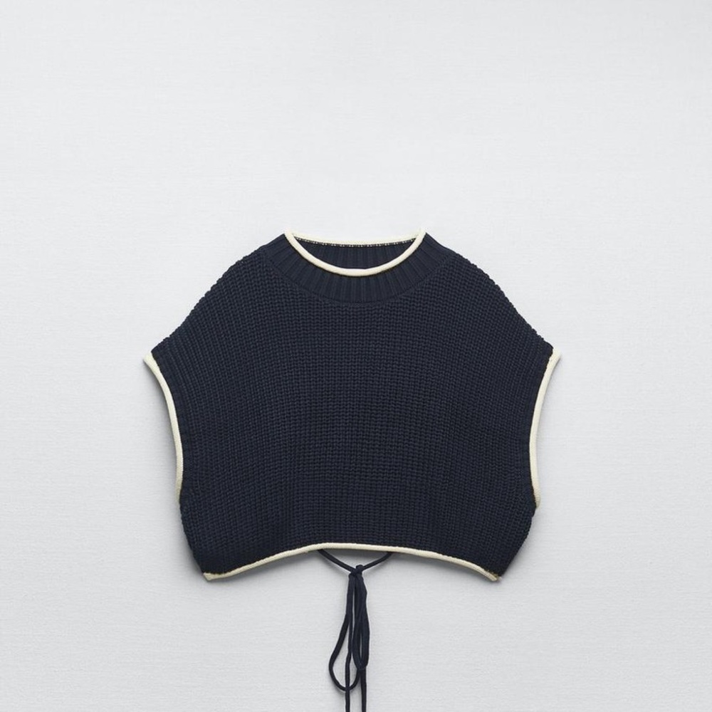Navy Knit Crop Top with Cream Trim